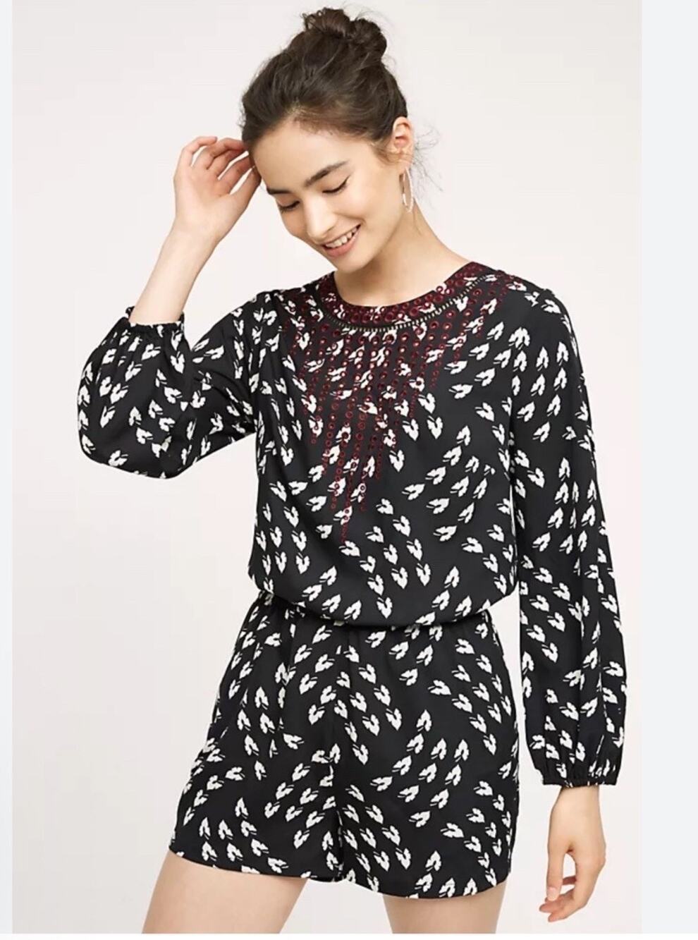 Anthropologie Ranna Gill Madine Long Sleeve Black & Cream Romper